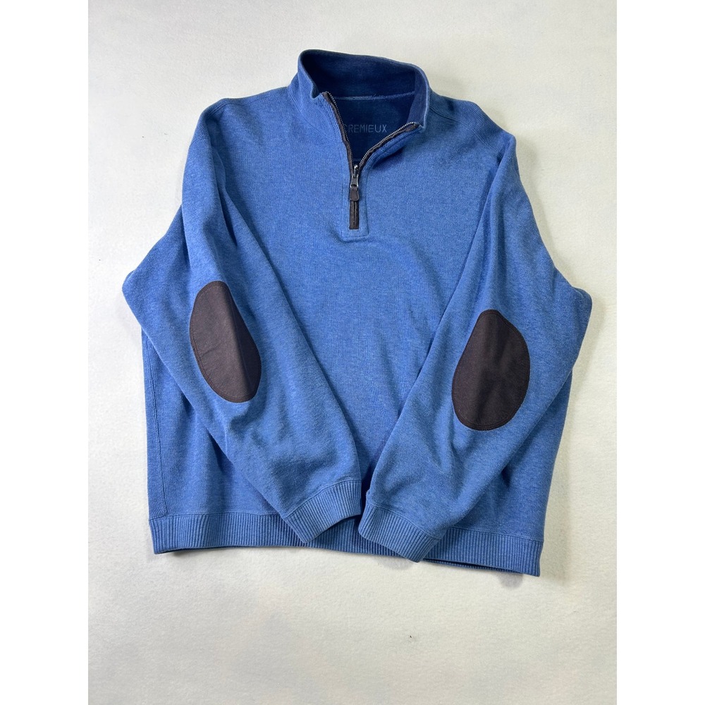 Cremieux Mens Quarter Zip Pullover Sweater Blue Heather Elbow Patches‎ GS59